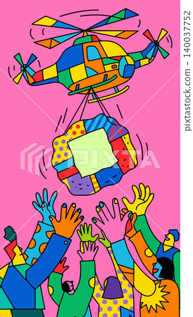 Colorful Helicopter Delivering Package to People Colorful Helicopter Delivering Package to People 140037752