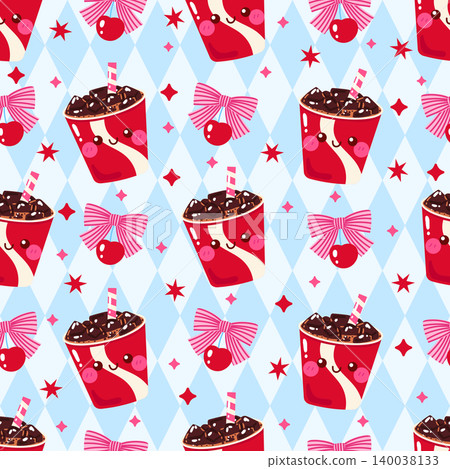 Cute cherry soda pop coquette ribbon seamless pattern Cute cherry soda pop coquette ribbon seamless pattern 140038133