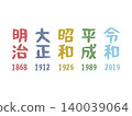 A set of colorful illustrations of the Japanese era names: Meiji, Taisho, Showa, Heisei, and Reiwa. 140039064