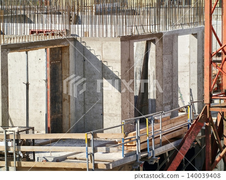 Temporary walkway and safety railing system. Construction framework with safety barriers and supports Temporary walkway and safety railing system. Construction framework with safety barriers and supports 140039408