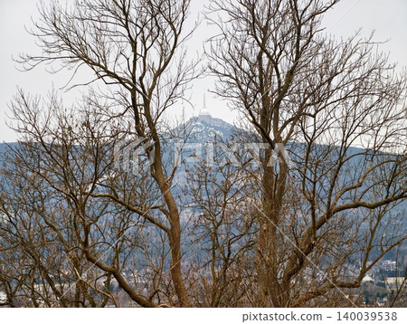 Calm frostcovered mountain view. Quiet icy mountain landscape surrounded by leafless trees and snow 140039538