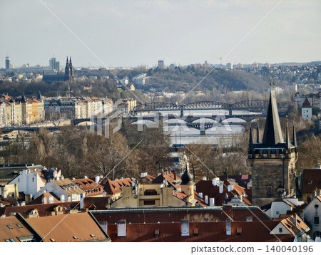 Series of arch bridges crossing water with skyline and tower views capturing dynamic depth 140040196