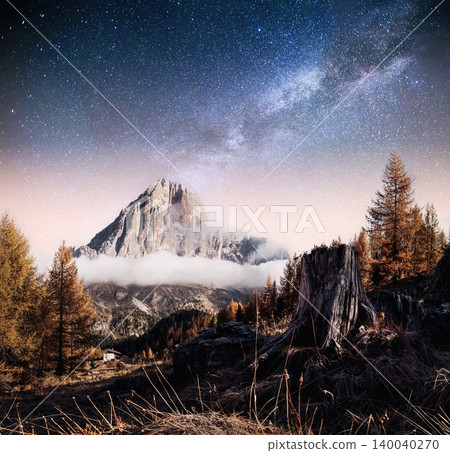 Starry Night Over Jagged Mountain Peaks With Milky Way Across a Dramatic Alpine Landscape 140040270