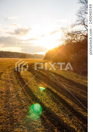 Golden hour light bathes a country field with prominent tire tracks leading into a lush forest. Sunbeams pierce through, creating a warm, tranquil rural scene Golden hour light bathes a country field with prominent tire tracks leading into a lush forest. Sunbeams pierce through, creating a warm, tranquil rural scene 140040549