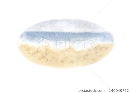 Watercolor illustration of a calm sea landscape on a sandy beach. Hand drawn coastal view in an oval shape, perfect for summer greeting cards, travel branding, beach-themed decor and invitations. Watercolor illustration of a calm sea landscape on a sandy beach. Hand drawn coastal view in an oval shape, perfect for summer greeting cards, travel branding, beach-themed decor and invitations. 140040752