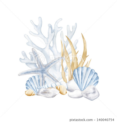 Watercolor underwater composition with white coral, starfish, seashells and seaweed isolated on white background. Hand drawn marine life element for summer designs, greeting cards and coastal decor. Watercolor underwater composition with white coral, starfish, seashells and seaweed isolated on white background. Hand drawn marine life element for summer designs, greeting cards and coastal decor. 140040754