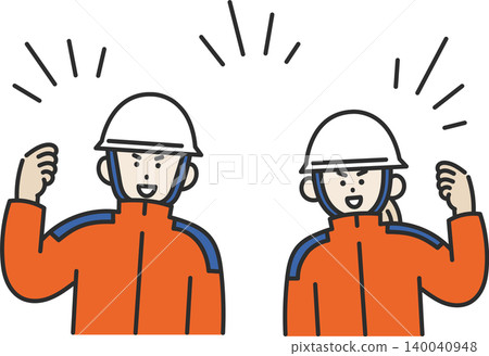 An illustration of a male and female firefighter making a victory pose. An illustration of a male and female firefighter making a victory pose. 140040948
