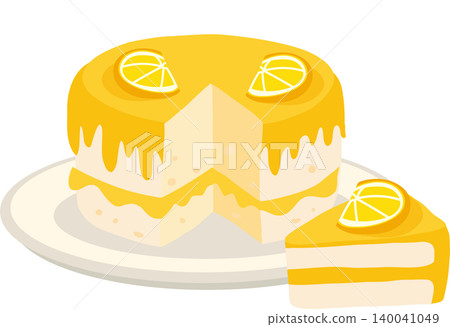 Lemon Cake Dessert with Yellow Icing and Sliced Citrus on Plate 140041049