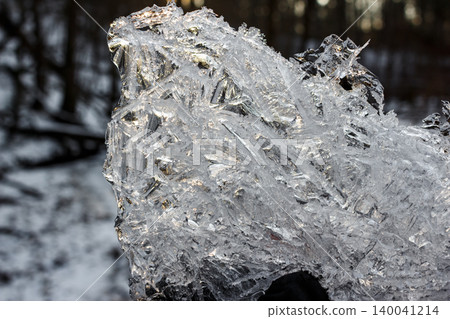 Glistening, jagged ice chunk, frosty and clear, reflecting light against a blurred winter forest. Sharp crystalline textures show nature's raw beauty Glistening, jagged ice chunk, frosty and clear, reflecting light against a blurred winter forest. Sharp crystalline textures show nature's raw beauty 140041214