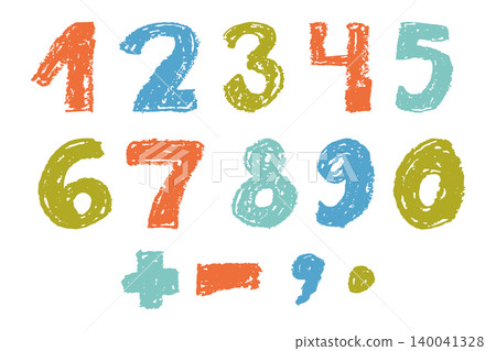 Hand-drawn colorful crayon numbers and math symbols isolated on white for educational and creative designs. Hand-drawn colorful crayon numbers and math symbols isolated on white for educational and creative designs. 140041328