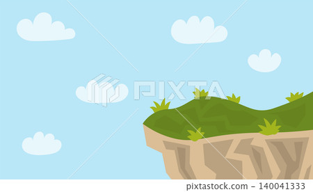 Grassy cliff edge overlooking a blue sky with clouds in a flat cartoon style. Grassy cliff edge overlooking a blue sky with clouds in a flat cartoon style. 140041333