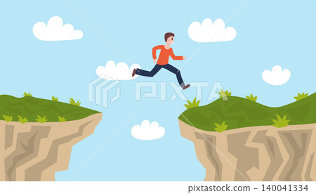 Young man jumping between two grassy cliffs under a blue sky with clouds. Young man jumping between two grassy cliffs under a blue sky with clouds. 140041334