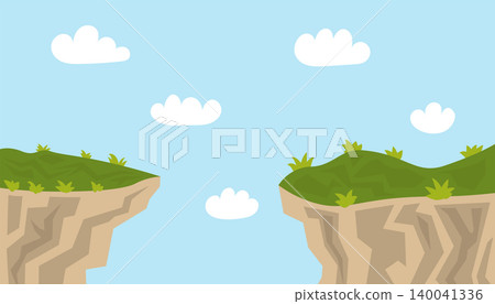Flat cartoon landscape of two grassy cliffs facing each other under a blue sky. Flat cartoon landscape of two grassy cliffs facing each other under a blue sky. 140041336