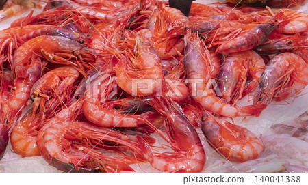 Fresh Red Shrimp, Fish Market, Spain Fresh Red Shrimp, Fish Market, Spain 140041388