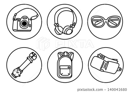 Collection of outlined icons featuring a camera, headphones, sunglasses, wristwatch, backpack, and wallet with cash, arranged in a grid format on a white background Collection of outlined icons featuring a camera, headphones, sunglasses, wristwatch, backpack, and wallet with cash, arranged in a grid format on a white background 140041680