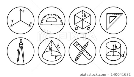 Collection of geometric symbols and tools such as a protractor, compass, and ruler displayed in a grid format on a clean white background Collection of geometric symbols and tools such as a protractor, compass, and ruler displayed in a grid format on a clean white background 140041681
