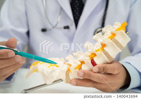 Asian doctor holding spinal nerve and bone model, Lumbar spine displaced herniated disc fragment for treatment medical in the orthopedic department. Asian doctor holding spinal nerve and bone model, Lumbar spine displaced herniated disc fragment for treatment medical in the orthopedic department. 140041694