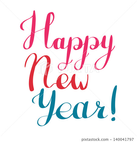Happy New Year colorful calligraphy in pink, red, and blue colors on a white background. This festive lettering is perfect for holiday greeting cards, invitations, and seasonal marketing. Happy New Year colorful calligraphy in pink, red, and blue colors on a white background. This festive lettering is perfect for holiday greeting cards, invitations, and seasonal marketing. 140041797
