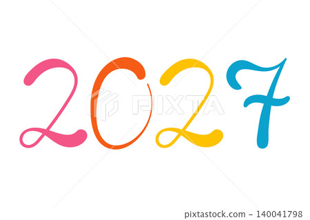 Colorful 2027 hand-drawn calligraphy in pink, orange, yellow, and blue on a white background. This vibrant numeric is perfect for New Year celebrations, planners, and event marketing. Colorful 2027 hand-drawn calligraphy in pink, orange, yellow, and blue on a white background. This vibrant numeric is perfect for New Year celebrations, planners, and event marketing. 140041798