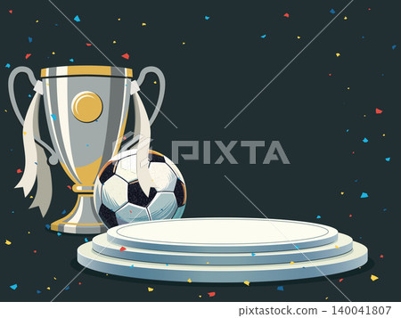 Blank round podium for placed products presentation with big trophy, soccer ball and confetti Blank round podium for placed products presentation with big trophy, soccer ball and confetti 140041807
