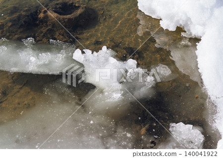 Glittering ice chunks thaw under spring sun along a river bank. Clear water reveals intricate textures of the riverbed. A serene early spring landscape 140041922