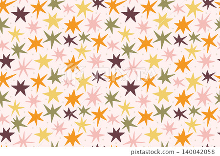 Seamless colorful pattern with small hand drawn stars, sparkles, and tiny dots densely scattered on a light pink background. 140042058