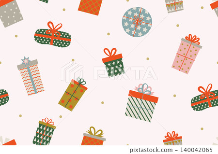 Seamless Christmas pattern with colorful wrapped gift boxes, ribbons, and small gold dots on a light pink background. Seamless Christmas pattern with colorful wrapped gift boxes, ribbons, and small gold dots on a light pink background. 140042065