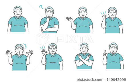 An 8-piece set of illustrations depicting the facial expressions and poses of an overweight (chubby) senior man. An 8-piece set of illustrations depicting the facial expressions and poses of an overweight (chubby) senior man. 140042096