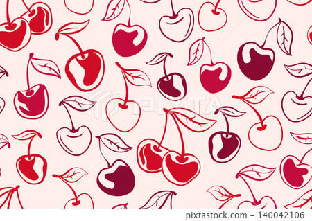 Seamless seamless pattern features hand drawn cherry with leaves on a pink background. Seamless seamless pattern features hand drawn cherry with leaves on a pink background. 140042106