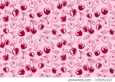Seamless pattern features hand-drawn cherry with leaves on a pink background in messy order. 140042107