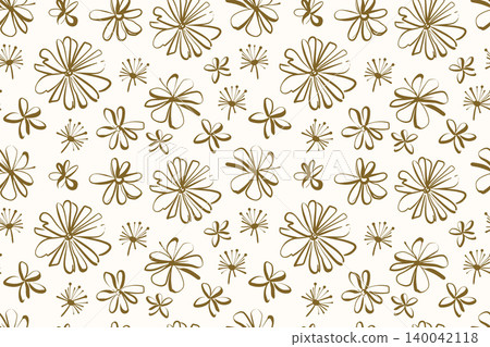 Seamless pattern features golden brown sloppy sketch flowers with abstract petals on a light background. 140042118