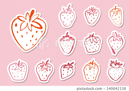 Sticker set features colorful hand-drawn strawberry icons with white borders on a pink background. 140042138