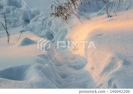 Serene winter path winding through glistening snow at golden hour. Soft light illuminates fresh powder and icy trails. Tranquil frosty landscape 140042200