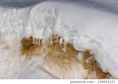 A vivid contrast between crisp white winter snow and dark, mud-stained roadside slush. Grimy melting snow juxtaposed with pristine flakes 140042225