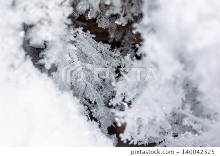 Gorgeous rime ice crystals sparkle intensely. Intricate frozen formations adorn a winter scene, highlighting nature's icy beauty Gorgeous rime ice crystals sparkle intensely. Intricate frozen formations adorn a winter scene, highlighting nature's icy beauty 140042325