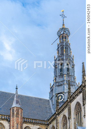 Exterior of tower of the Saint Bavo church in Haarlem, Noord-Holland, The Netherlands, Europe 140042453