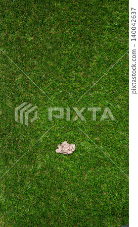 Vertical old recycled paper folded ripped on green grass texture. Vertical old recycled paper folded ripped on green grass texture. 140042637
