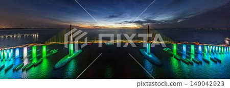 Blue hour aerial panorama of Sunshine Skyway Bridge Tampa Bay Florida 140042923