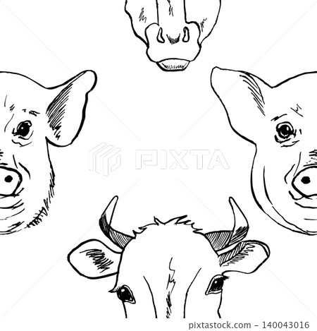 Pattern of a pig and cow head. Beef and pork are farm animals. For sausages and meat products. Hand drawn sketch head engraving. For printing and design. 140043016