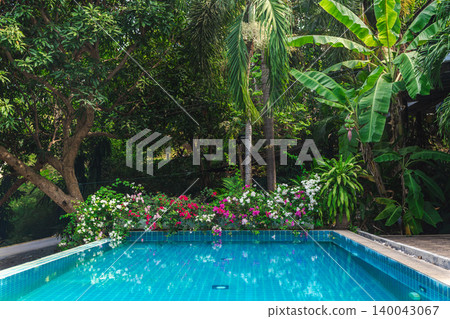 Tropical swimming pool surrounded by lush garden with flowers and palm trees Tropical swimming pool surrounded by lush garden with flowers and palm trees 140043067