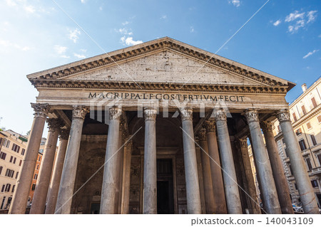 Front view of Pantheon facade with ancient Corinthian columns and Latin inscription in Rome Italy 140043109