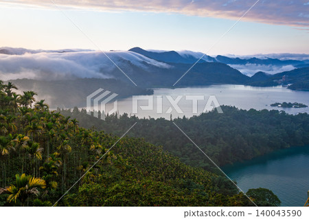 Sun Moon Lake panorama with rolling fog Sun Moon Lake panorama with rolling fog 140043590