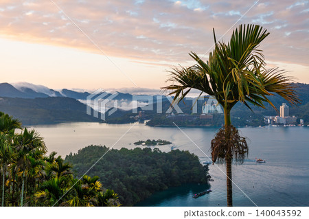 Sun Moon Lake panorama with palm tree Sun Moon Lake panorama with palm tree 140043592