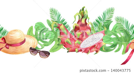 Border of the straw hat with pink ribbon, sunglasses, pitahaya, palm and monstera leaves. Watercolor illustration. For packaging design, cards, cover, prints, product labels and fabric Border of the straw hat with pink ribbon, sunglasses, pitahaya, palm and monstera leaves. Watercolor illustration. For packaging design, cards, cover, prints, product labels and fabric 140043775
