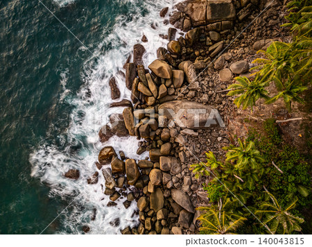 Bird eye view Top view photo of seashore seascape background Bird eye view Top view photo of seashore seascape background 140043815