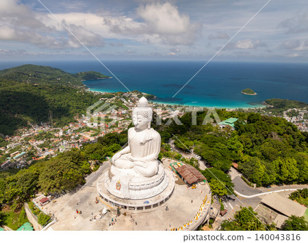Aerial View drone shot of Big Buddha Statue on the high mountain at Phuket thailand Aerial View drone shot of Big Buddha Statue on the high mountain at Phuket thailand 140043816