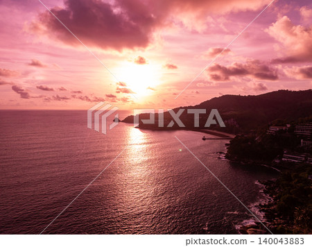 Aerial view Beautiful light sunset or sunrise over sea landscape nature view waves background Aerial view Beautiful light sunset or sunrise over sea landscape nature view waves background 140043883