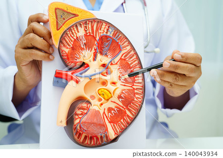 Chronic kidney disease, doctor with model for treatment urinary system, urology, Estimated glomerular filtration rate eGFR. Chronic kidney disease, doctor with model for treatment urinary system, urology, Estimated glomerular filtration rate eGFR. 140043934