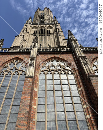 Low-angle view of Eusebiuskerk Gothic church tower in Arnhem, Netherlands 140044067