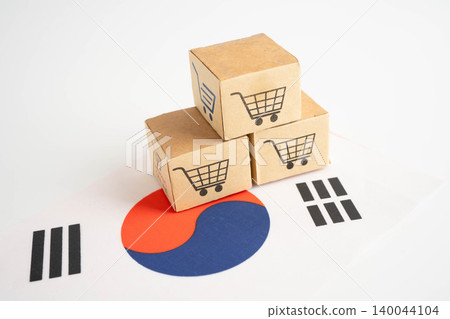 Online shopping, Shopping cart box on North Korea flag, import export, finance commerce. Online shopping, Shopping cart box on North Korea flag, import export, finance commerce. 140044104